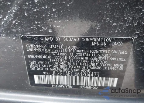 2021 Subaru Crosstrek Premium из США, поврежденный, VIN JF2GTAEC3M8284473